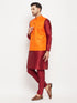 Vastramay Men's Orange Matka Silk Nehru Jacket With Maroon Silk Blend Kurta and Pant style Pyjama Set